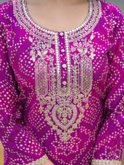Women Purple Silk Blend Bandhani Embroidered Straight Kurta Trousers With Dupatta-PKSKD3108
