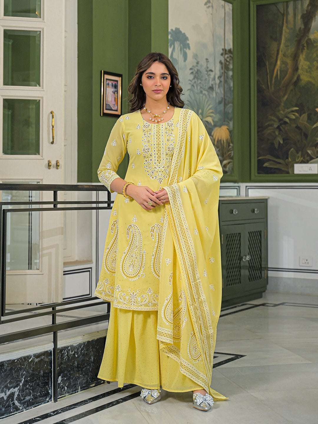 Women Yellow Georgette Solid Printed A-Line Kurta Sharara With Dupatta-PKSKD3111