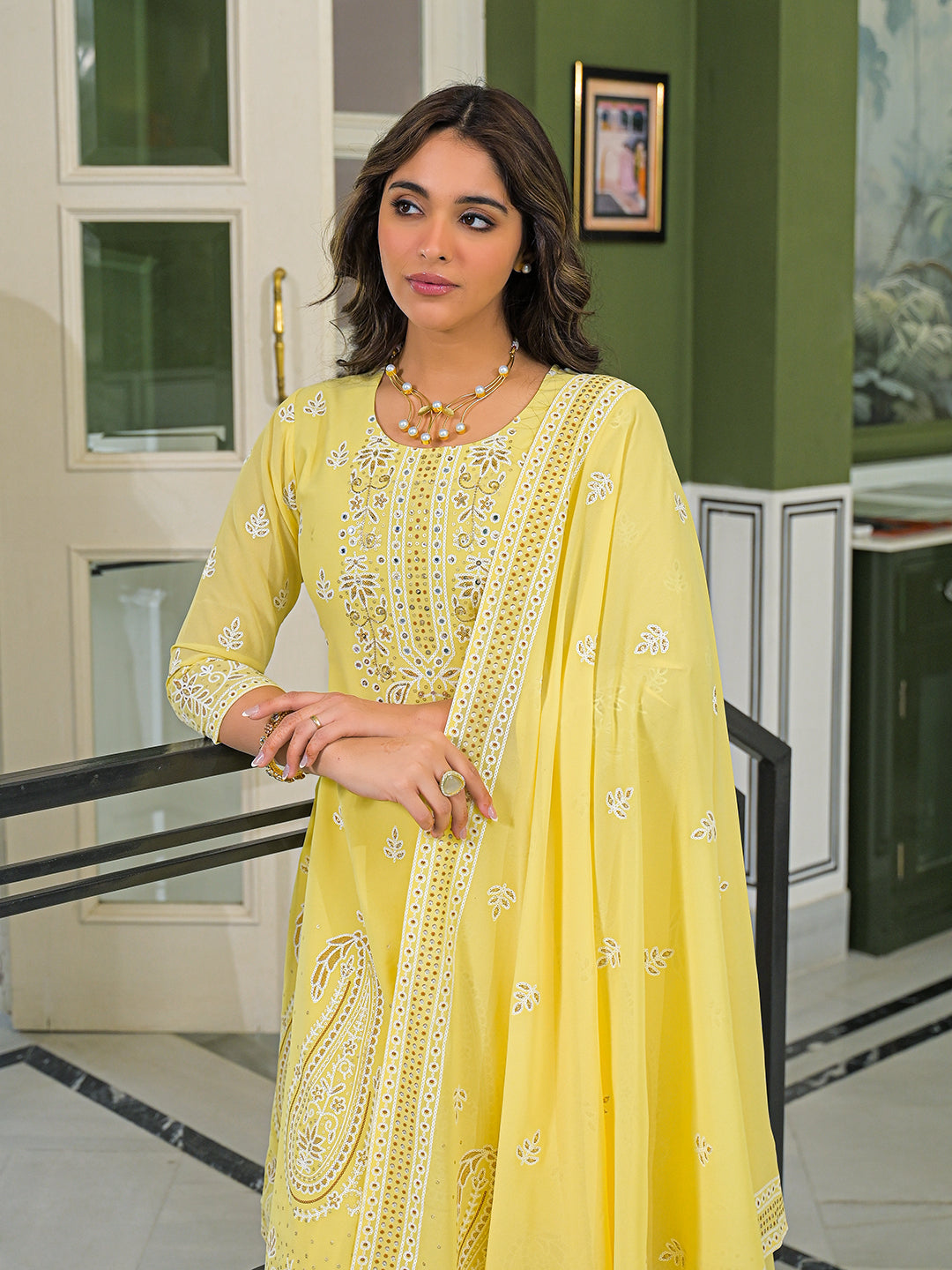 Women Yellow Georgette Solid Printed A-Line Kurta Sharara With Dupatta