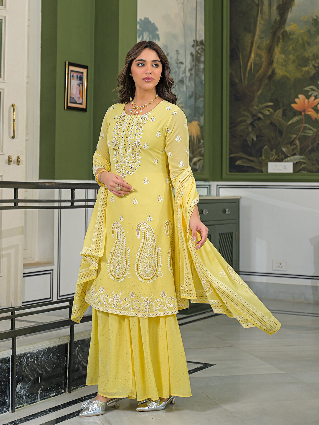 Women Yellow Georgette Solid Printed A-Line Kurta Sharara With Dupatta
