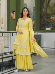 Women Yellow Georgette Solid Printed A-Line Kurta Sharara With Dupatta-PKSKD3111