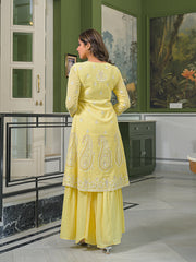 Women Yellow Georgette Solid Printed A-Line Kurta Sharara With Dupatta-PKSKD3111