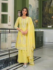 Women Yellow Georgette Solid Printed A-Line Kurta Sharara With Dupatta-PKSKD3111