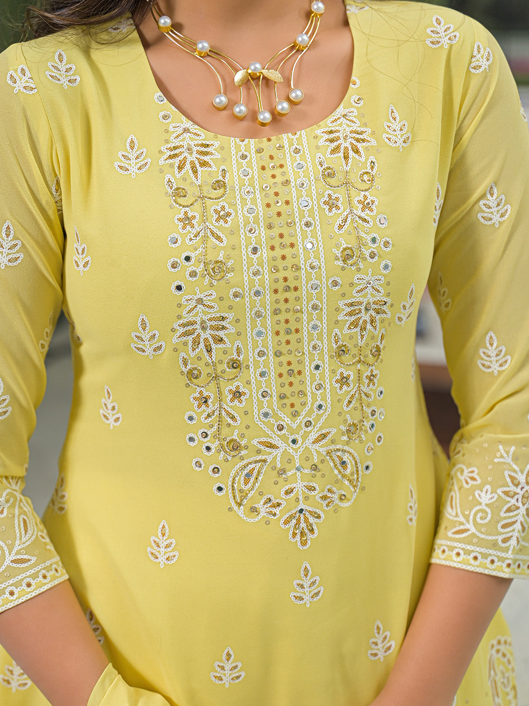 Women Yellow Georgette Solid Printed A-Line Kurta Sharara With Dupatta