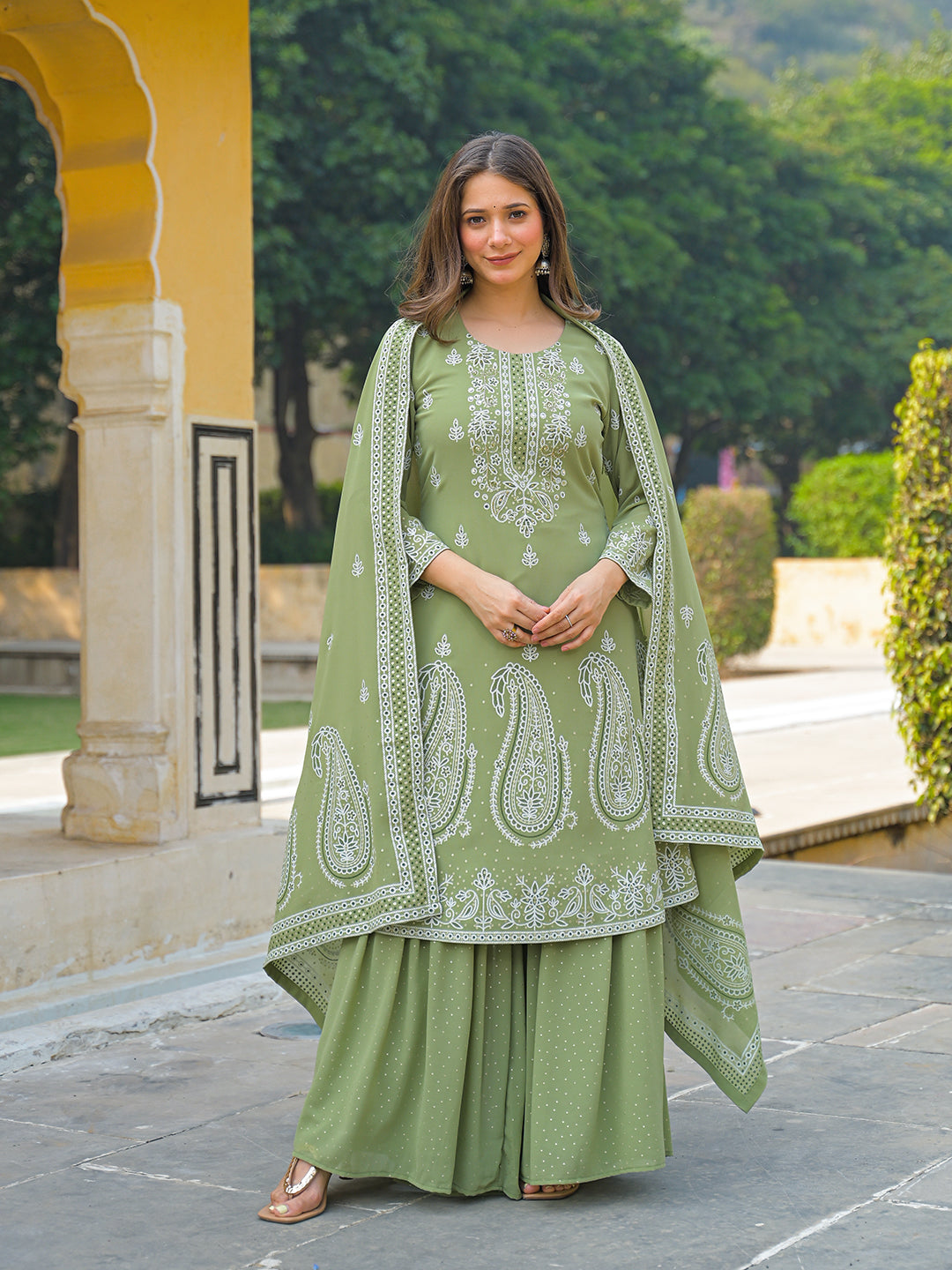 Women Green Georgette Solid Printed A-Line Kurta Sharara With Dupatta
