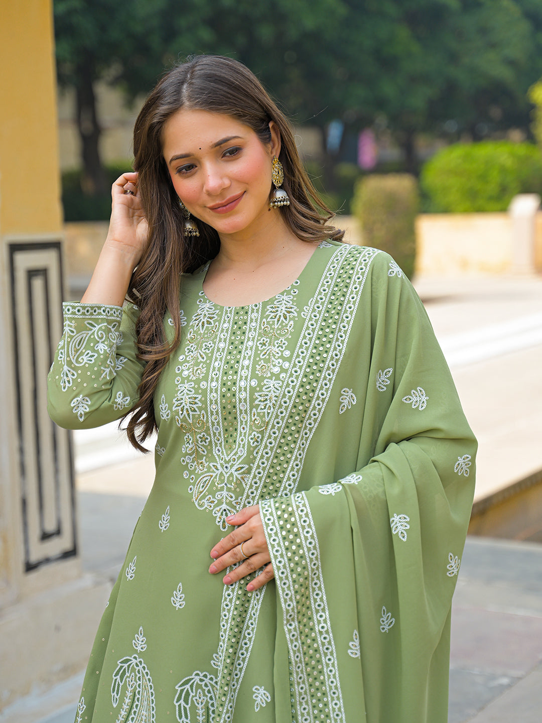 Women Green Georgette Solid Printed A-Line Kurta Sharara With Dupatta
