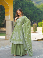 Women Green Georgette Solid Printed A-Line Kurta Sharara With Dupatta-PKSKD3112