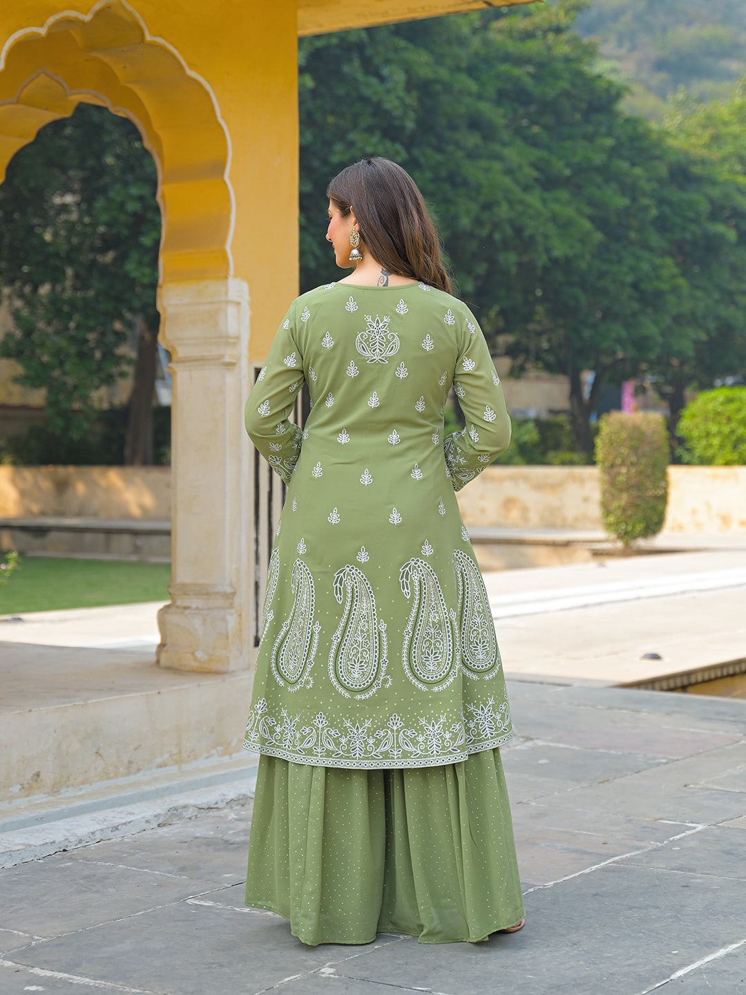 Women Green Georgette Solid Printed A-Line Kurta Sharara With Dupatta