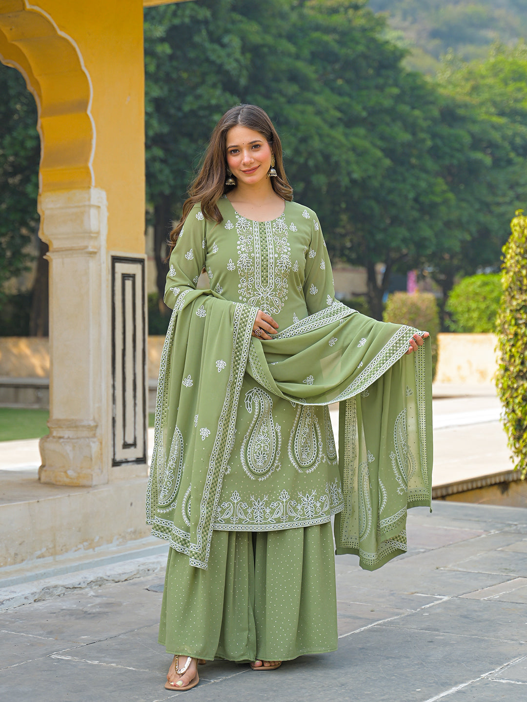Women Green Georgette Solid Printed A-Line Kurta Sharara With Dupatta