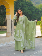 Women Green Georgette Solid Printed A-Line Kurta Sharara With Dupatta-PKSKD3112
