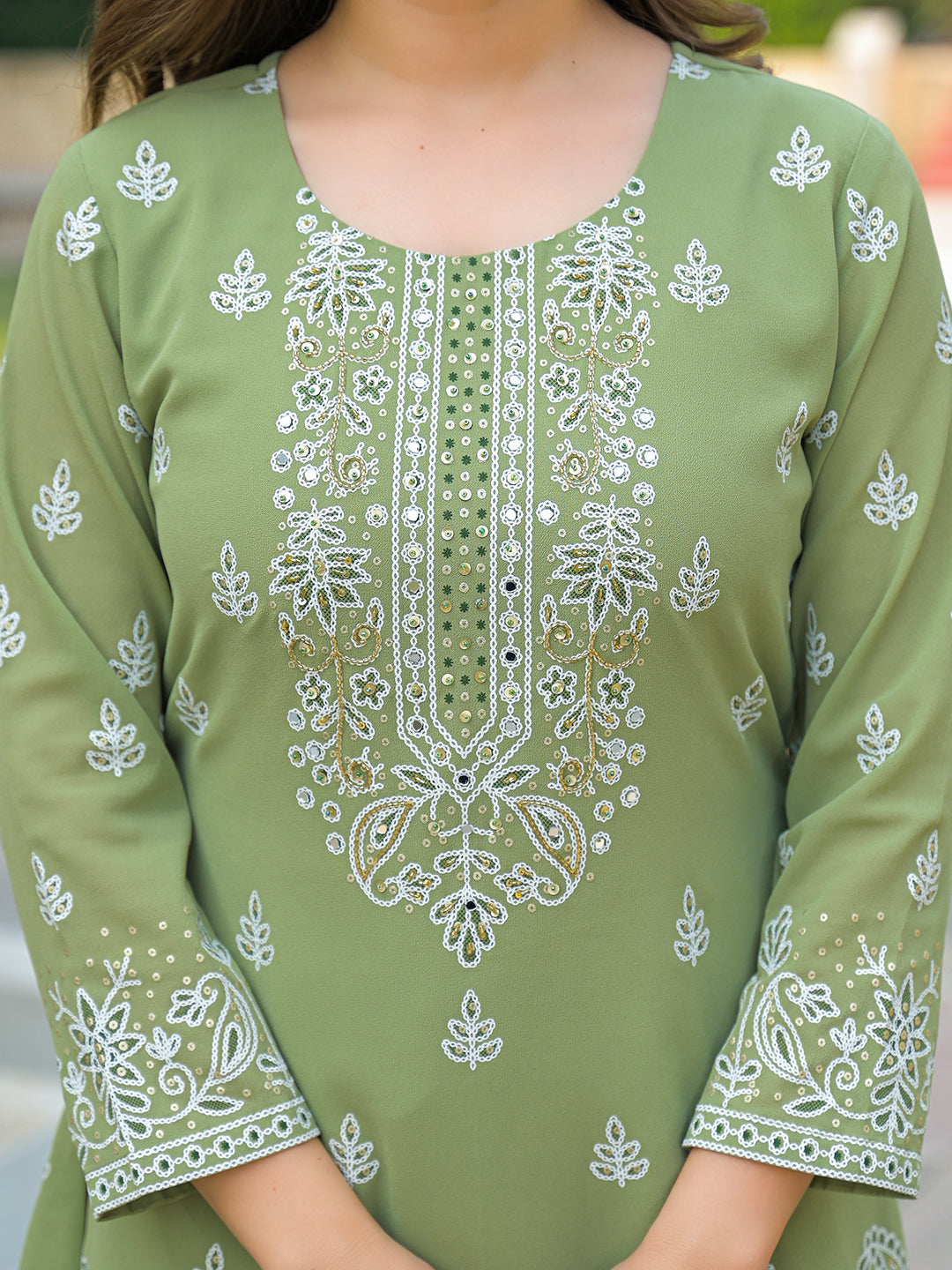 Women Green Georgette Solid Printed A-Line Kurta Sharara With Dupatta