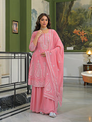 Women Peach Georgette Solid Printed A-Line Kurta Sharara With Dupatta-PKSKD3113