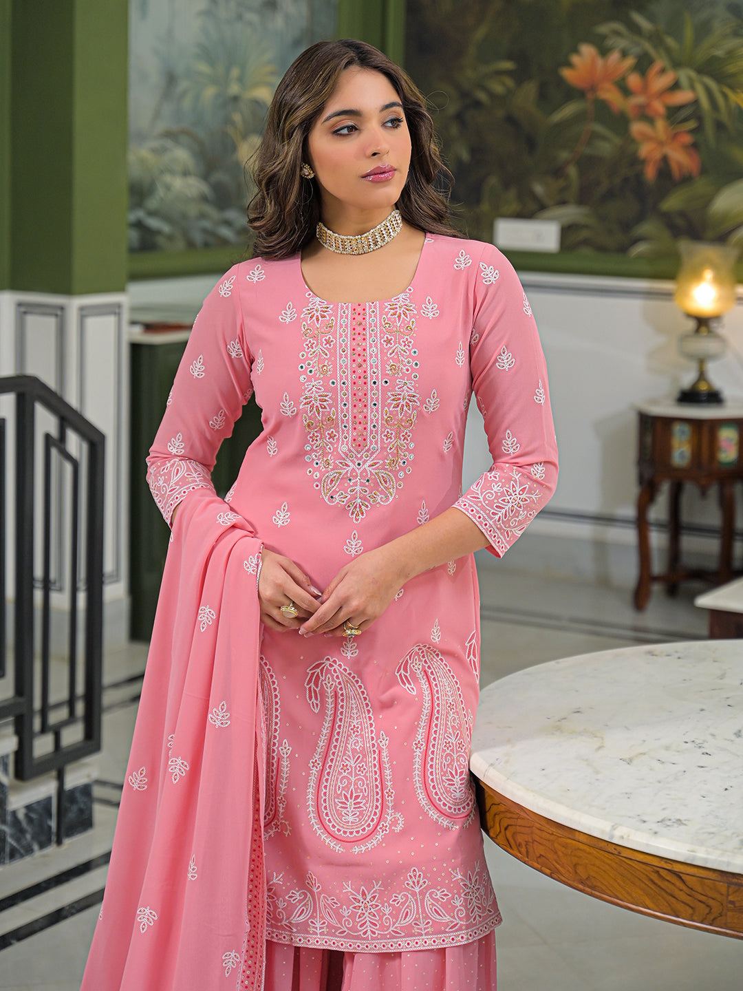 Women Peach Georgette Solid Printed A-Line Kurta Sharara With Dupatta
