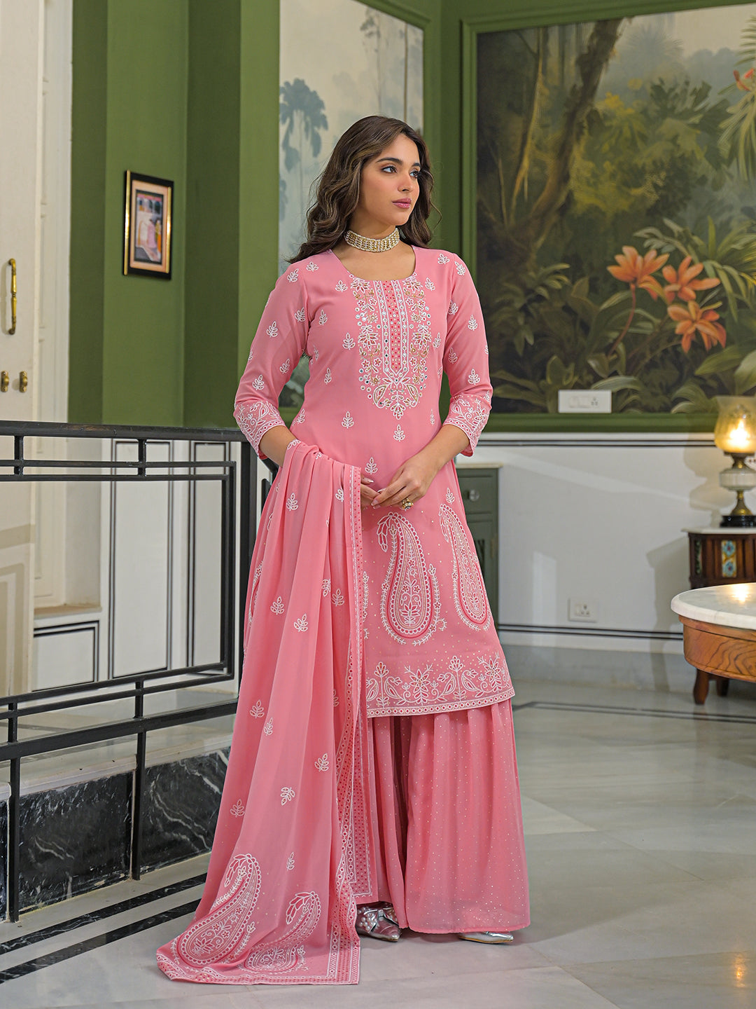 Women Peach Georgette Solid Printed A-Line Kurta Sharara With Dupatta