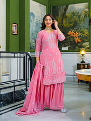 Women Peach Georgette Solid Printed A-Line Kurta Sharara With Dupatta-PKSKD3113