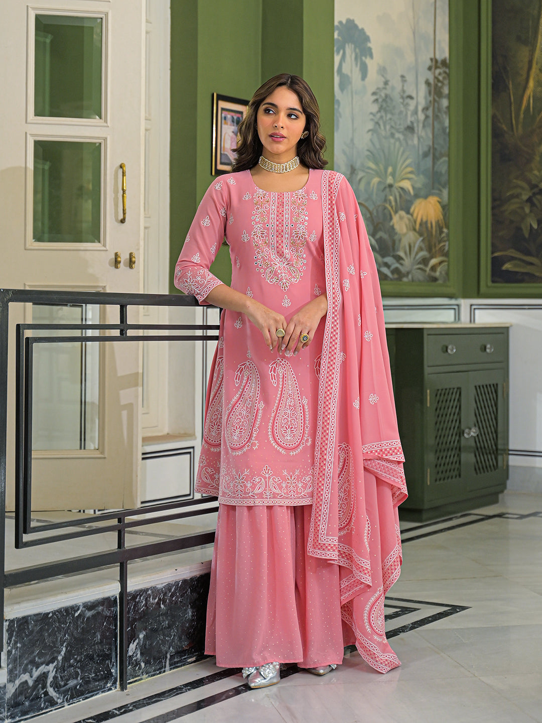 Women Peach Georgette Solid Printed A-Line Kurta Sharara With Dupatta