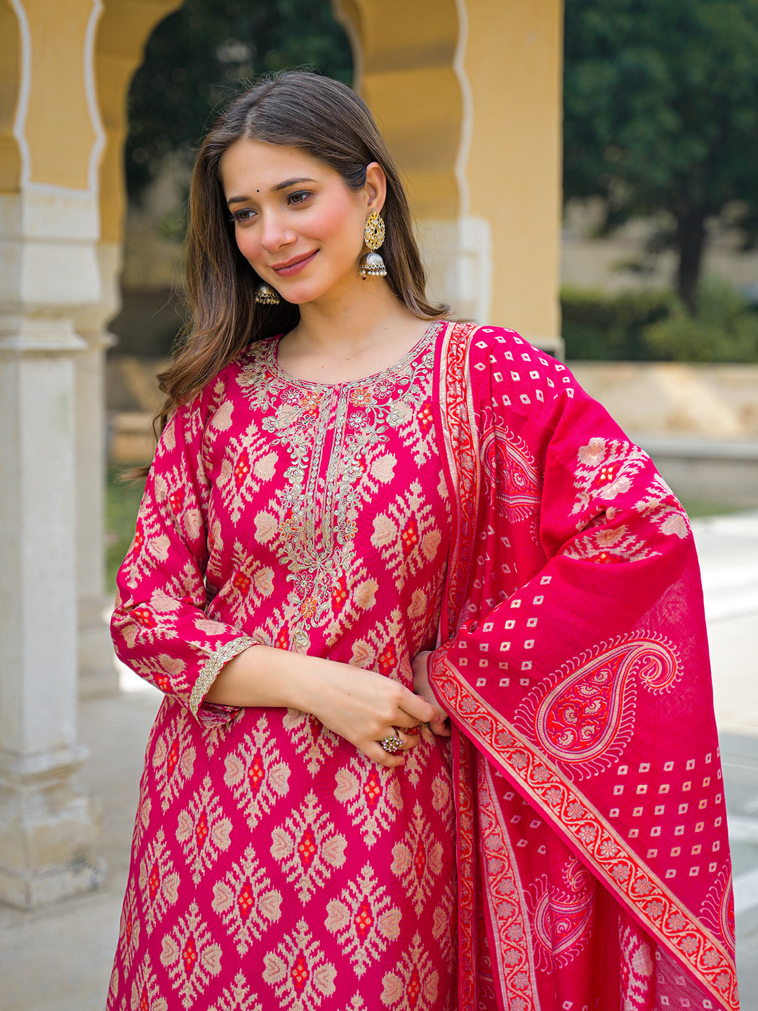 Women Pink Viscose Ikat Embroidered Straight Kurta Trousers With Dupatta