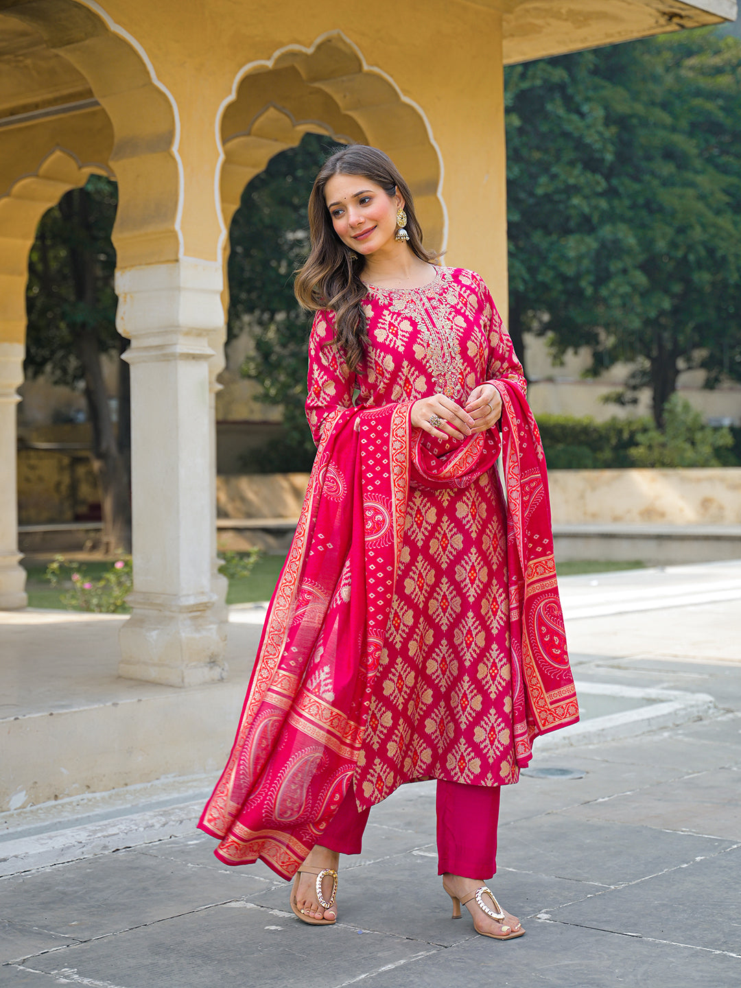 Women Pink Viscose Ikat Embroidered Straight Kurta Trousers With Dupatta