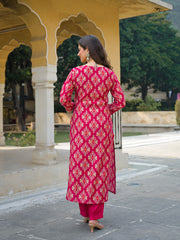 Women Pink Viscose Ikat Embroidered Straight Kurta Trousers With Dupatta-PKSKD3127