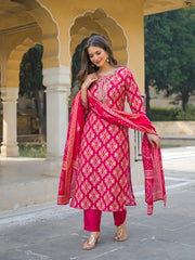 Women Pink Viscose Ikat Embroidered Straight Kurta Trousers With Dupatta-PKSKD3127