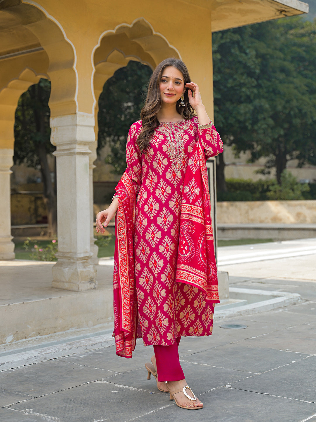 Women Pink Viscose Ikat Embroidered Straight Kurta Trousers With Dupatta