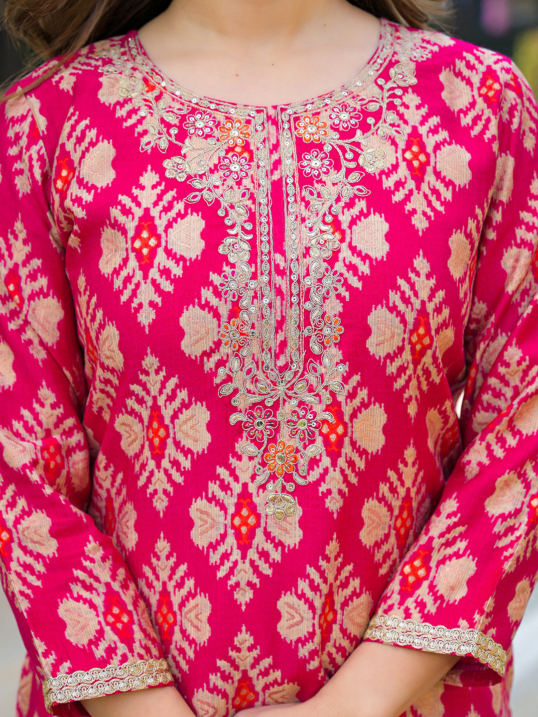 Women Pink Viscose Ikat Embroidered Straight Kurta Trousers With Dupatta