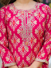 Women Pink Viscose Ikat Embroidered Straight Kurta Trousers With Dupatta-PKSKD3127