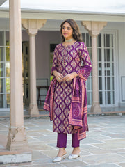 Women Purple Viscose Ikat Embroidered Straight Kurta Trousers With Dupatta-PKSKD3130