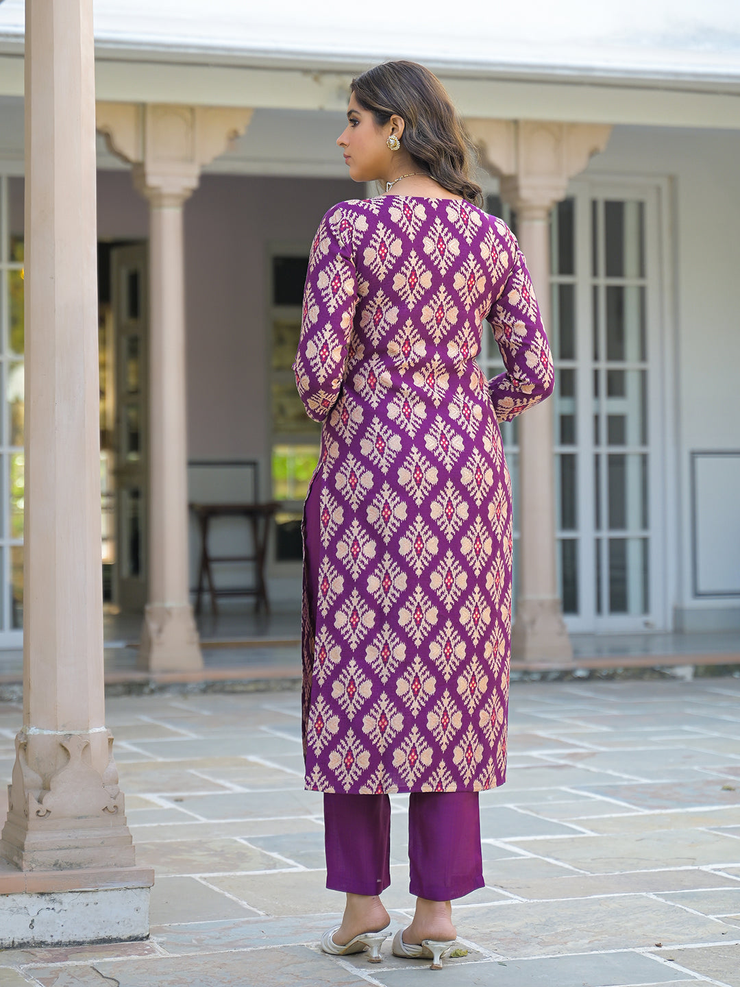 Women Purple Viscose Ikat Embroidered Straight Kurta Trousers With Dupatta