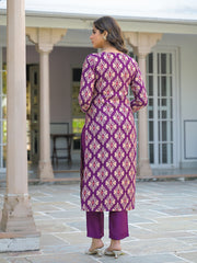 Women Purple Viscose Ikat Embroidered Straight Kurta Trousers With Dupatta-PKSKD3130