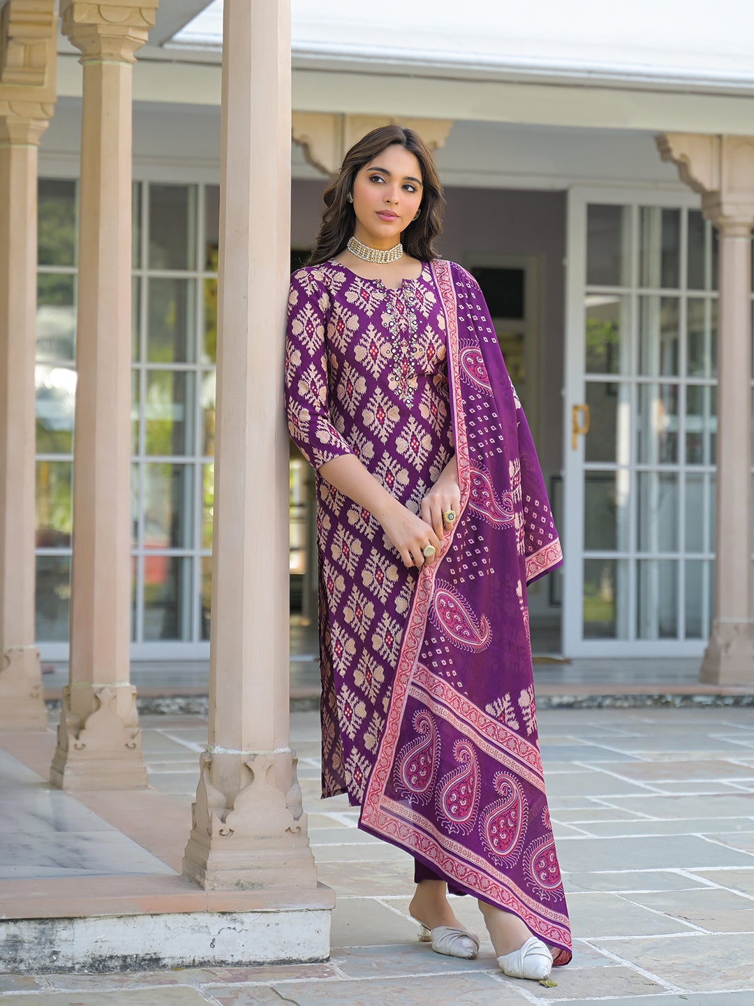 Women Purple Viscose Ikat Embroidered Straight Kurta Trousers With Dupatta