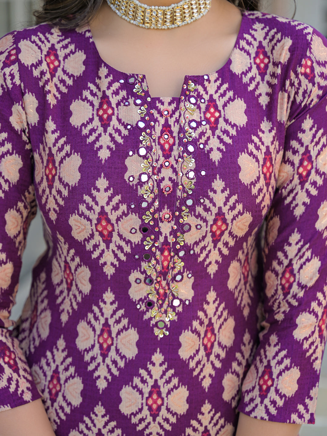 Women Purple Viscose Ikat Embroidered Straight Kurta Trousers With Dupatta