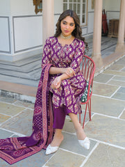 Women Purple Viscose Ikat Embroidered Straight Kurta Trousers With Dupatta-PKSKD3130