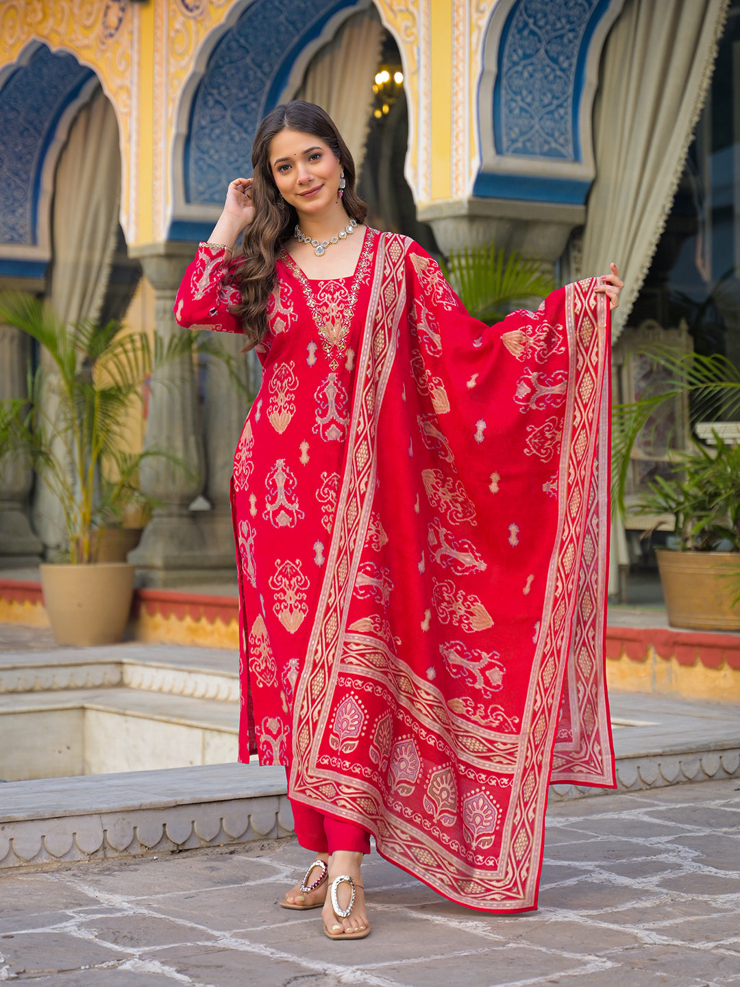 Women Red Viscose Ikat Printed Straight Kurta Trousers With Dupatta