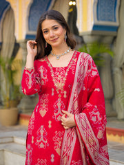 Women Red Viscose Ikat Printed Straight Kurta Trousers With Dupatta-PKSKD3136