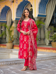 Women Red Viscose Ikat Printed Straight Kurta Trousers With Dupatta-PKSKD3136