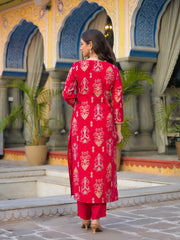 Women Red Viscose Ikat Printed Straight Kurta Trousers With Dupatta-PKSKD3136