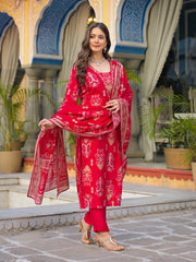 Women Red Viscose Ikat Printed Straight Kurta Trousers With Dupatta-PKSKD3136