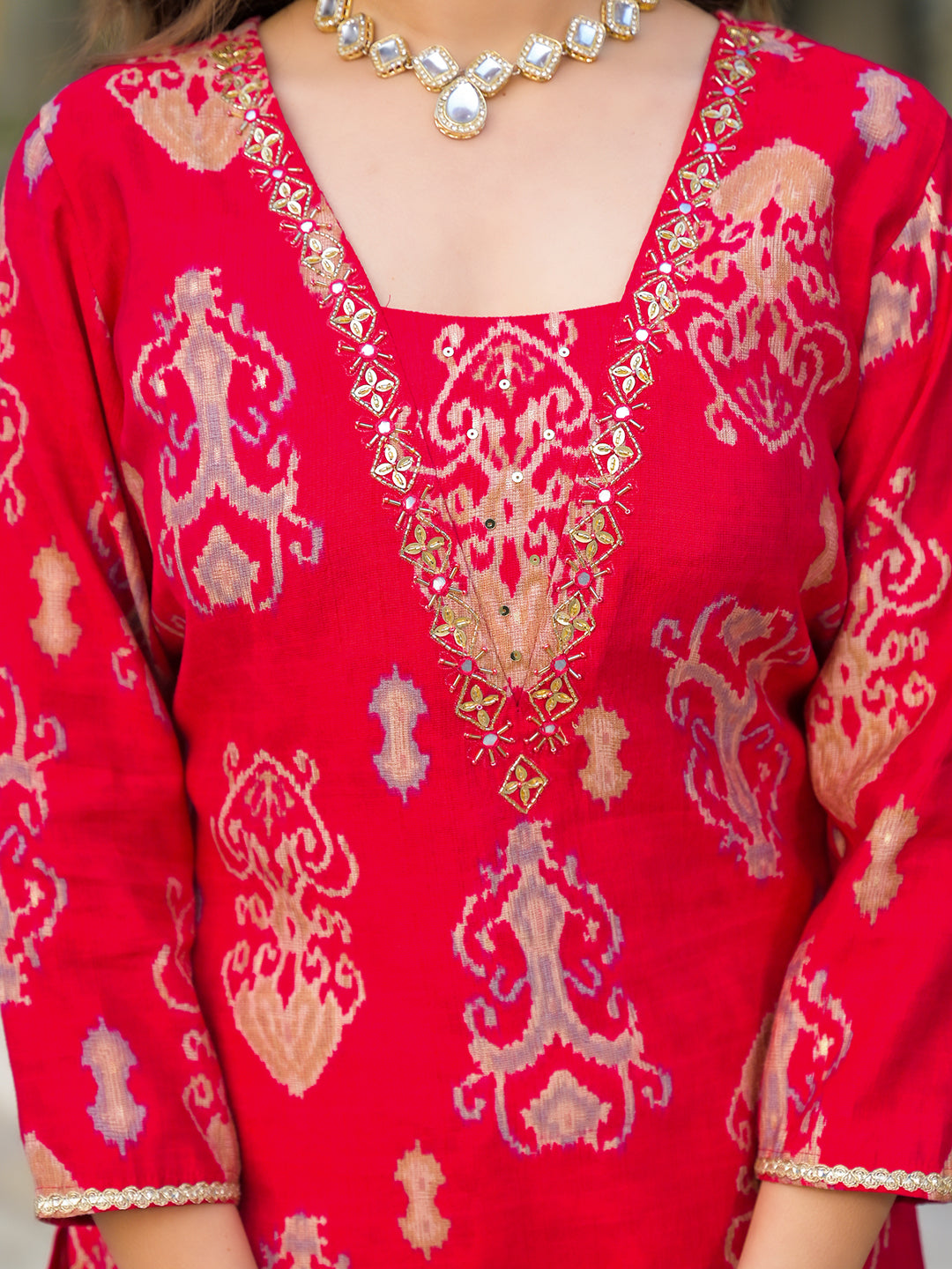 Women Red Viscose Ikat Printed Straight Kurta Trousers With Dupatta