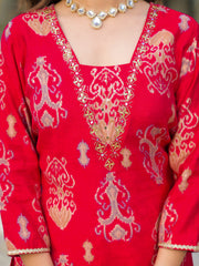 Women Red Viscose Ikat Printed Straight Kurta Trousers With Dupatta-PKSKD3136