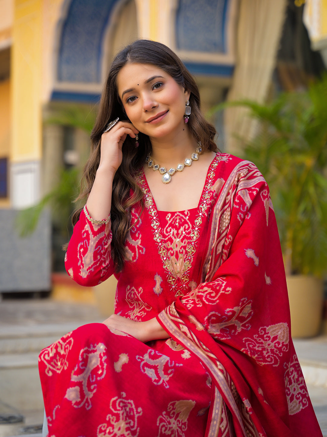 Women Red Viscose Ikat Printed Straight Kurta Trousers With Dupatta