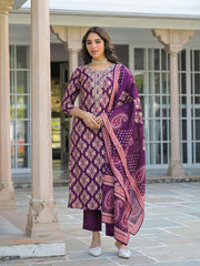 Women Purple Viscose Ikat Embroidered Straight Kurta Trousers With Dupatta-PKSKD3137