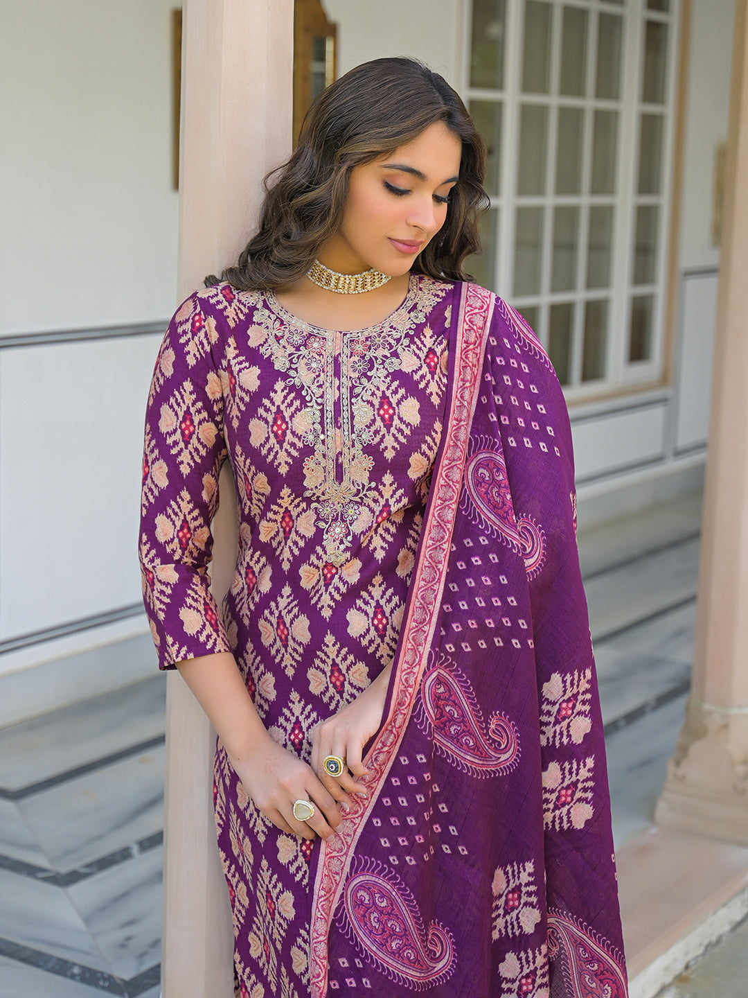 Women Purple Viscose Ikat Embroidered Straight Kurta Trousers With Dupatta