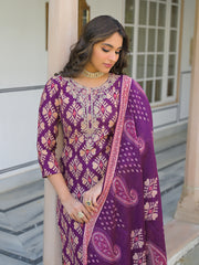 Women Purple Viscose Ikat Embroidered Straight Kurta Trousers With Dupatta-PKSKD3137