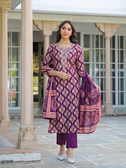 Women Purple Viscose Ikat Embroidered Straight Kurta Trousers With Dupatta-PKSKD3137