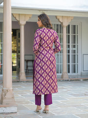 Women Purple Viscose Ikat Embroidered Straight Kurta Trousers With Dupatta-PKSKD3137