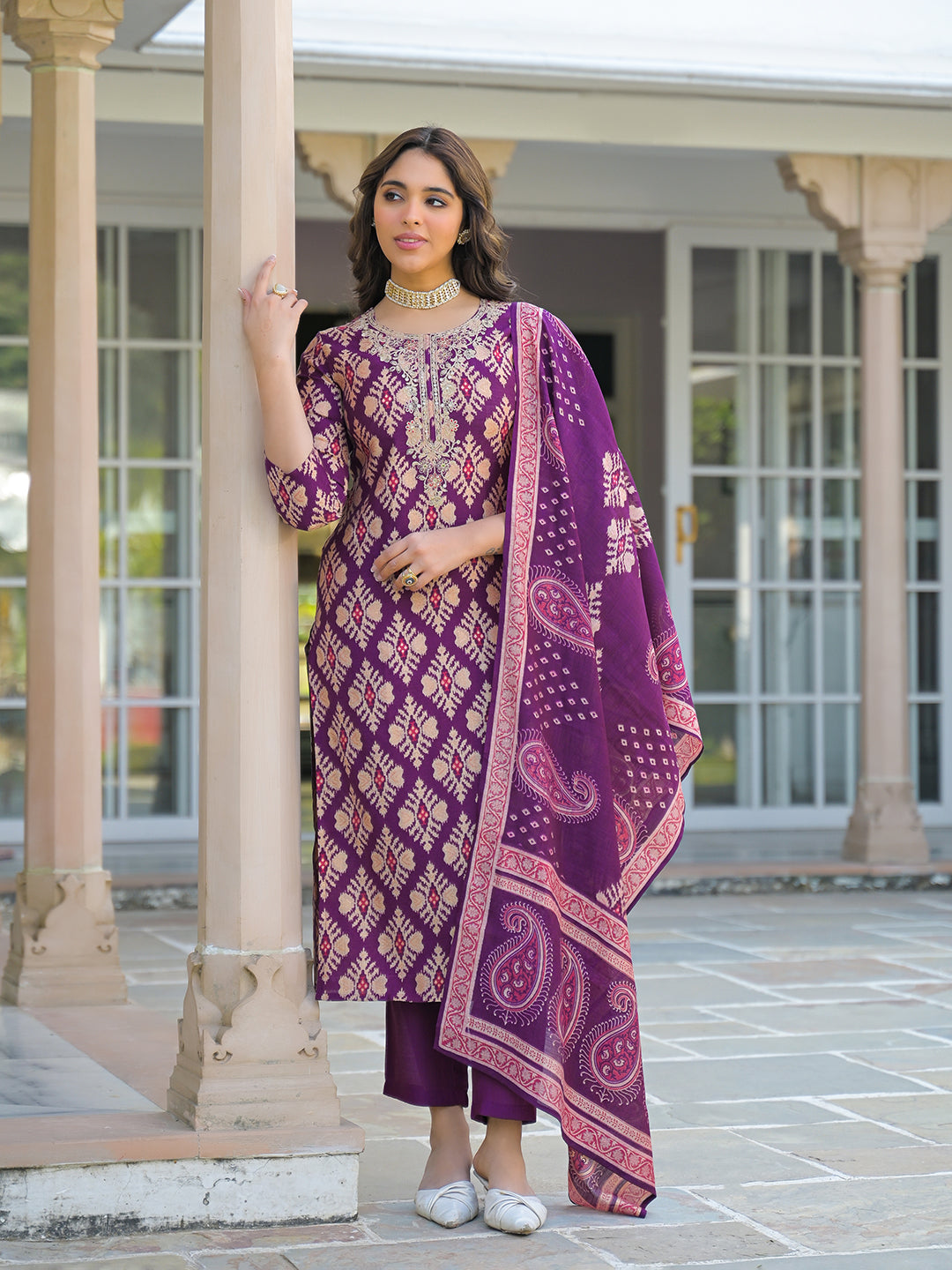 Women Purple Viscose Ikat Embroidered Straight Kurta Trousers With Dupatta