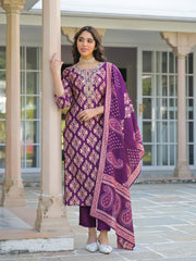 Women Purple Viscose Ikat Embroidered Straight Kurta Trousers With Dupatta-PKSKD3137