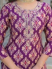 Women Purple Viscose Ikat Embroidered Straight Kurta Trousers With Dupatta-PKSKD3137