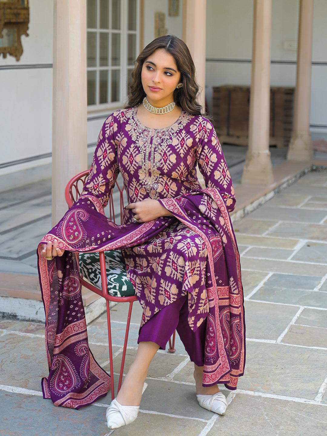 Women Purple Viscose Ikat Embroidered Straight Kurta Trousers With Dupatta